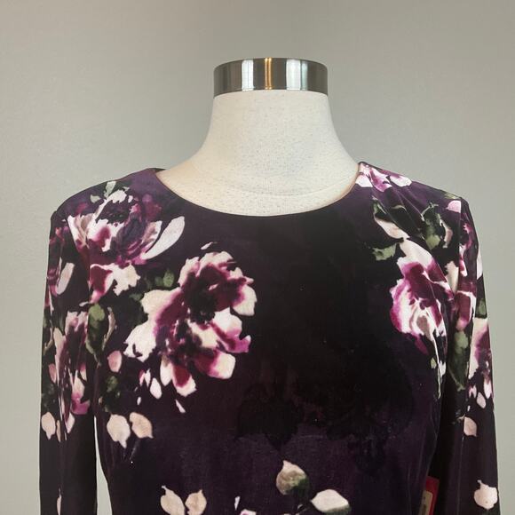 Vince Camuto Velvet Long Sleeve Floral Print Sheath Cocktail Dress Purple Size 8 - Picture 6 of 12